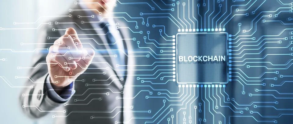 Block Chain concept . Distributed ledger technology. Businessman clicking on Stockfoto's