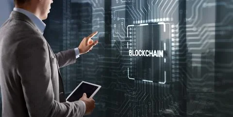 Block Chain concept . Distributed ledger technology. Businessman clicking on 스톡 사진