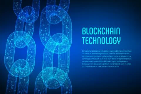 Block chain. Crypto currency. Blockchain concept. 3D wireframe chain with dig Stock Illustration