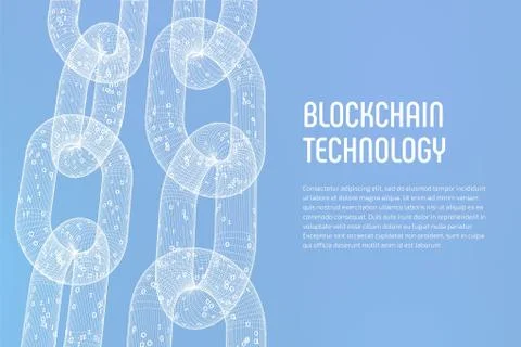 Block chain. Crypto currency. Blockchain concept. 3D wireframe chain with dig Stock Illustration