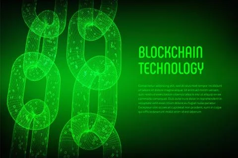 Block chain. Crypto currency. Blockchain concept. 3D wireframe chain with dig Stock Illustration