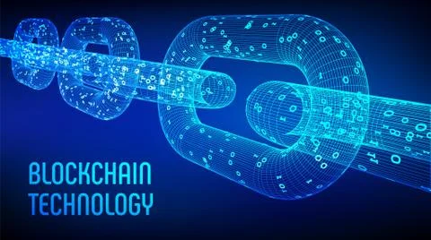 Block chain. Crypto currency. Blockchain concept. 3D wireframe chain with dig Stock Illustration
