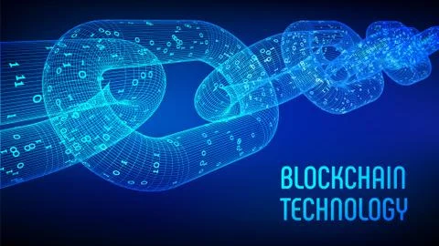 Block chain. Crypto currency. Blockchain concept. 3D wireframe chain with dig 스톡 일러스트