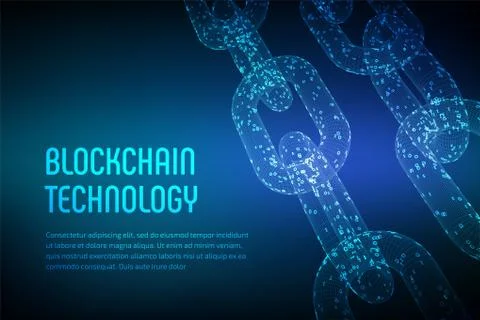 Block chain. Crypto currency. Blockchain concept. 3D wireframe chain with dig Stock Illustration