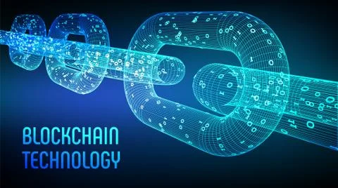 Block chain. Crypto currency. Blockchain concept. 3D wireframe chain with dig Stock Illustration