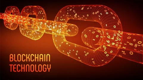 Block chain. Crypto currency. Blockchain concept. 3D wireframe chain with dig Stock Illustration
