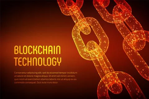 Block chain. Crypto currency. Blockchain concept. 3D wireframe chain with dig Stock Illustration