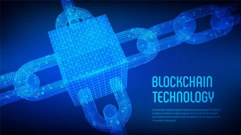 Block chain. Crypto currency. Blockchain concept. 3D wireframe chain and isom 스톡 일러스트