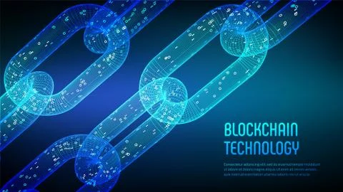 Block chain. Crypto currency. Blockchain concept. 3D wireframe chain with dig 스톡 일러스트