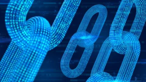 Block chain. Crypto currency. Blockchain concept. 3D wireframe chain with dig Stock Illustration