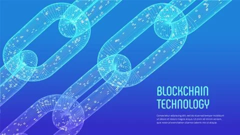 Block chain. Crypto currency. Blockchain concept. 3D wireframe chain with dig Stock Illustration