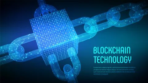 Block chain. Crypto currency. Blockchain concept. 3D wireframe chain and isom Stock Illustration