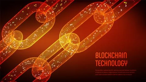 Block chain. Crypto currency. Blockchain concept. 3D wireframe chain with dig Stock Illustration