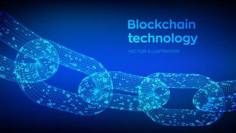 Block chain. Crypto currency. Blockchain concept. 3D wireframe chain with dig Illustrazione stock
