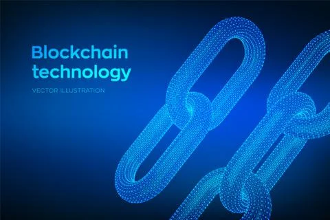 Block chain. Crypto currency. Hyperlink chain. Blockchain concept. 3D wirefra Illustrazione stock