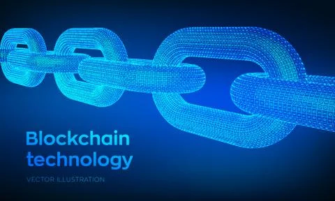Block chain. Crypto currency. Hyperlink chain. Blockchain concept. 3D wirefra Illustrazione stock