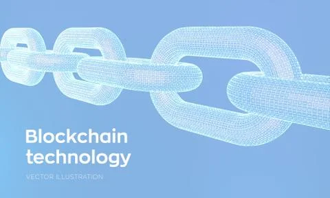 Block chain. Crypto currency. Hyperlink chain. Blockchain concept. 3D wirefra Illustrazione stock