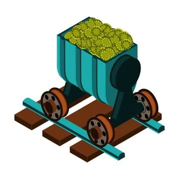 Block chain crypto currency mining. Minecart on rails with coins Stock Illustration
