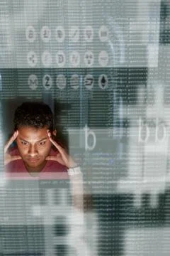 Block chain developer is thinking about new cryptocurrensy Stock Photos