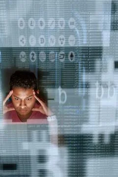 Block chain developer is thinking about new cryptocurrensy Stock Photos