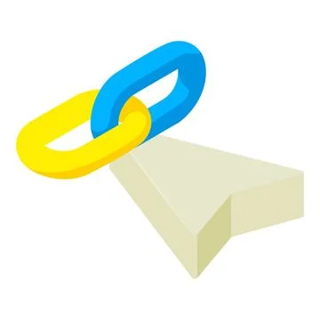 Block chain icon isometric vector. Cursor sign near blue and yellow chain link Stock Illustration
