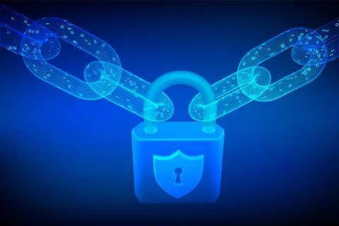 Block chain. Lock. Cyber security, safe, privacy or other concept. 3D wirefra 스톡 일러스트