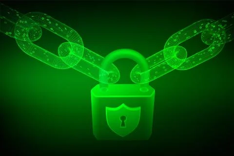 Block chain. Lock. Cyber security, safe, privacy or other concept. 3D wirefra 스톡 일러스트