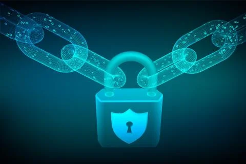 Block chain. Lock. Cyber security, safe, privacy or other concept. 3D wirefra 스톡 일러스트