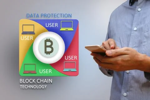 Block chain network concept and bitcoin icons, double exposure of man holdi.. Stock Photos