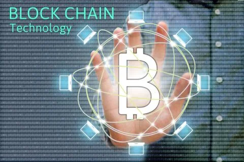 Block chain network concept and bitcoin icons, double exposure of hand show.. Stock Photos