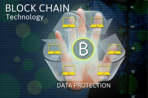 Block chain network concept and bitcoin icons, double exposure of hand show.. Stock Photos