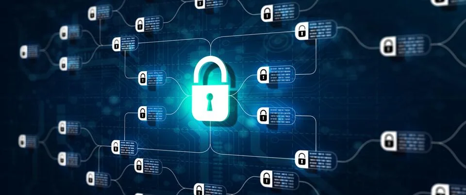 Block chain network Concept. Distributed Ledger Technology (DLT). 3D Renderin 스톡 일러스트