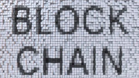 BLOCK CHAIN or BLOCKCHAIN caption on fluctuating pixels background, 3D rendering Illustrazione stock