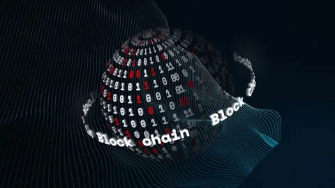 Block chain ribbon starting rotating binary data globe, showing red digits, cyan Video stock 321161871