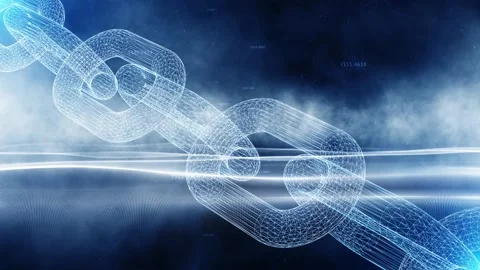Block chain rotating on digital wavy cyberspace background 動画素材 145429284