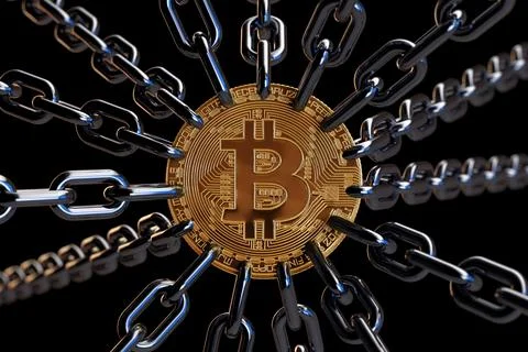 Block Chain Technology Concept. Golden Bitcoin Coin with Many Metal Chains... Stock Illustration