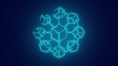 Block chain technology formation with cubes connecting towards a center cube Stock Footage 241073408