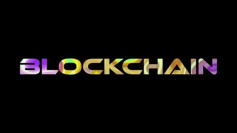 Block chain text on black background. Multicolored glossy technological wor.. Stock Illustration