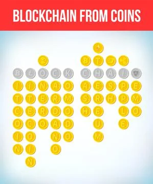 Block chain text consisting from different cryptocurrency coins Stock Illustration
