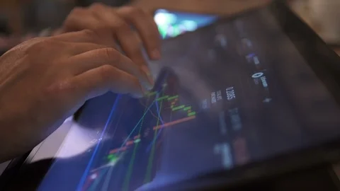Block-chain, trading online, Cryptocurrency trend graph. Man touching big screen 스톡 동영상 117061885
