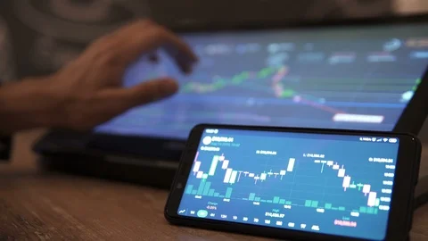 Block-chain, trading online, Cryptocurrency trend graph. Man touching screen Stock Footage 117062265
