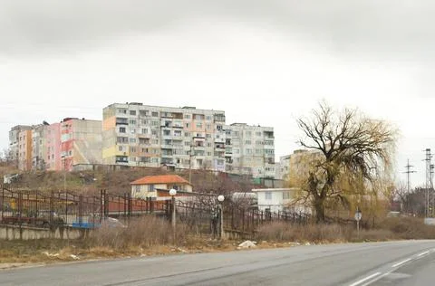 Block of Flats Complex in a Poor Condition on a Hill in South Bulgaria on Winter Stock Photos