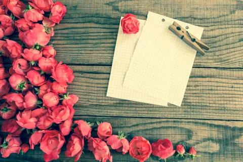 Block notes and red roses on wooden background, vintage denim effect Stock Photos