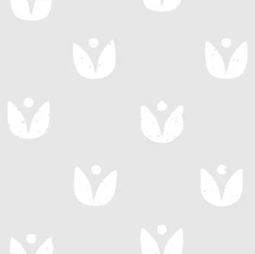 Block print seamless pattern with floral motif. White flowers on light grey Stock Illustration