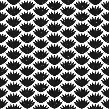 Block print seamless pattern with floral motif in black and white Stock Illustration