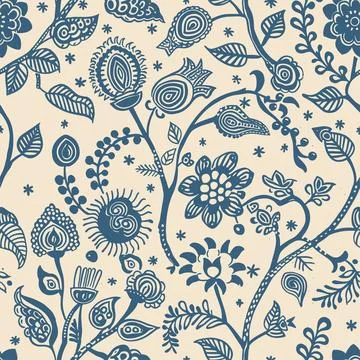 Block-printed style of a seamless indian floral pattern kalamkari muhgal art Stock Illustration