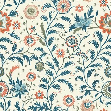 Block-printed style of a seamless indian floral pattern kalamkari muhgal art 03 Stock Illustration
