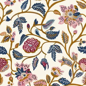 Block-printed style of a seamless indian floral pattern kalamkari muhgal art 04 Stock Illustration
