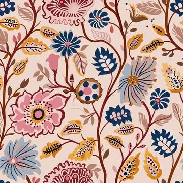Block-printed style of a seamless indian floral pattern kalamkari muhgal art 05 Stock Illustration