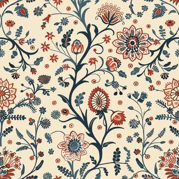 Block-printed style of a seamless indian floral pattern kalamkari muhgal art 06 Stock Illustration